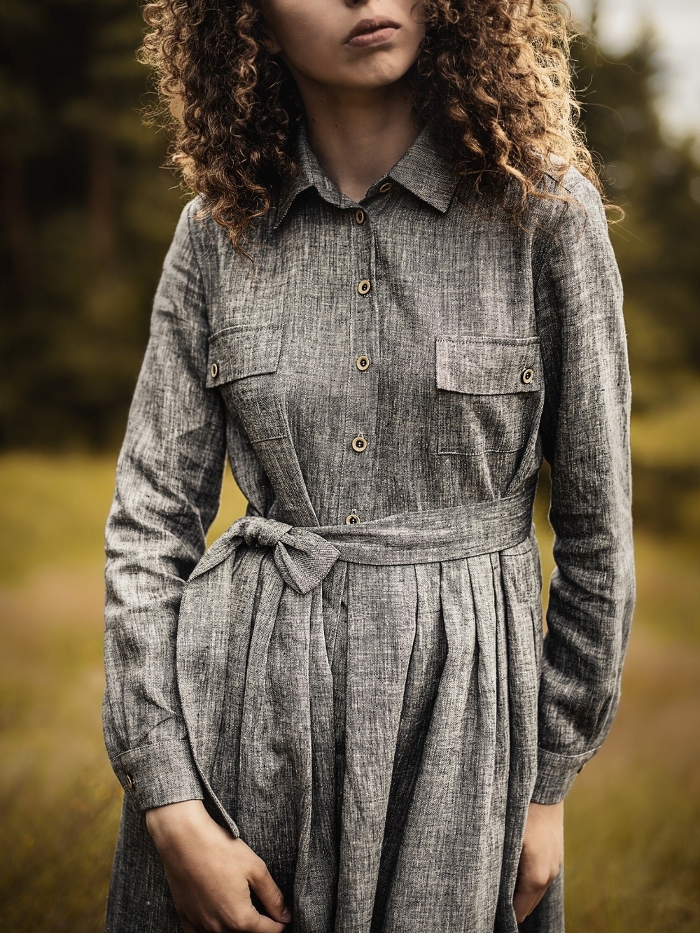 Olive Green 100% Linen Cottagecore Button Up Long Sleeve Dress